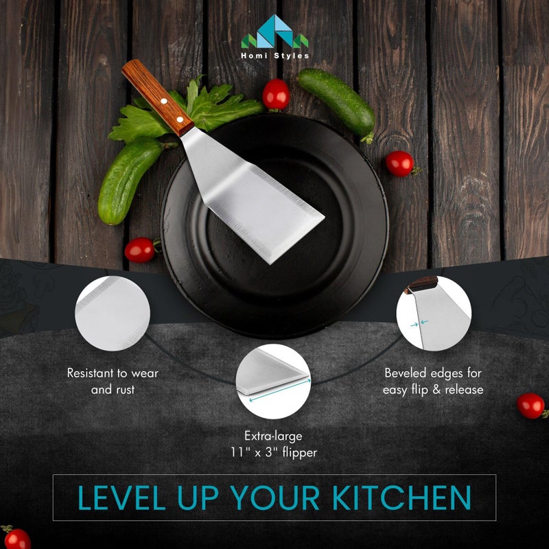 Homi Styles Metal Spatula Beveled Edges, Stainless Steel Grill Spatula with Wood Handle for Skillets, Griddles & Pancake Flipper for Burgers, Omelet, and Versatile for Culinary Task, 11 x 3 inches - Image 2